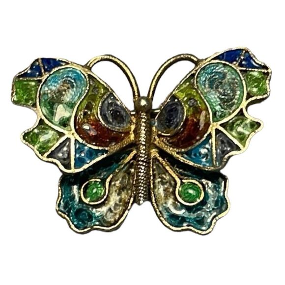 Vintage Butterfly Brooch Enamel 925 Silver Blue Green Gold Vermeil Filigree Pin - Picture 1 of 3